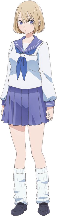 an anime character with short blonde hair wearing a blue and white outfit, standing in front of