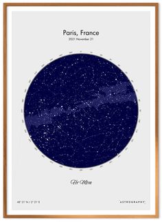 the map of paris, france in blue and gold framed on a white wall with wooden frame