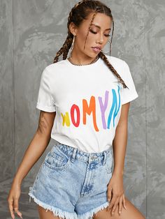 Multicolor Letters Graphic Short Sleeve Crew Neck T-shirt Multicolor Crew Neck T-shirt With Logo Print, Trendy Multicolor T-shirt With Text Print, Trendy Cotton T-shirt With Rainbow Print, Multicolor Crew Neck Tops With Funny Print, Casual Multicolor Tops With Funny Print, Casual Multicolor Top With Funny Print, Multicolor Letter Print Tops For Streetwear, Multicolor Cotton T-shirt With Logo Print, Spring Multicolor Graphic Print T-shirt