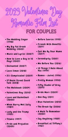 valentine's day romantic film list for couples from 2009 to 2013, including movies