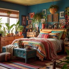 a bed room with a neatly made bed and lots of plants