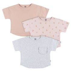 This three-pack of T-shirts for girls is a versatile addition to her wardrobe. Made from 100% cotton, these shirts provide a soft, breathable fit, perfect for sunny days filled with fun. The slight stretch in the fabric ensures comfort during all her activities. These tees feature a simple pullover style, making it easy for toddlers to learn to dress themselves. The variety of prints in the pack allows you to build a range of stylish outfits for your baby girl or toddler girl that celebrates the Simple Pullover, T Shirts For Girls, Toddler Girl Pack T Shirts, Cheap Short Sleeve T-shirt With Bunny Print, Playful Easter Short Sleeve T-shirt, Pink Soft-washed Short Sleeve T-shirt, Toddler Girl Shorts, Cheap Unicorn Print Short Sleeve T-shirt, Gerber Baby