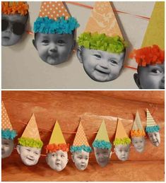 there are pictures of babies wearing hats on the wall and in front of them is an image of children's faces