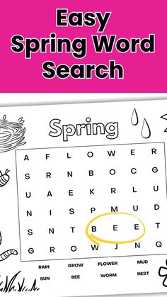 an easy spring word search is shown with the words, flowers and leaves on it