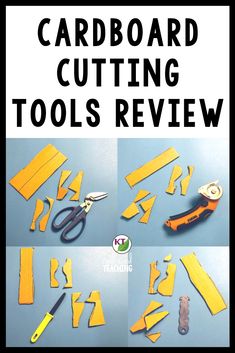 the instructions for cardboard cutting tools are shown in four different pictures, including scissors and tape