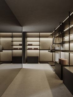 an empty room with shelves and lamps in it