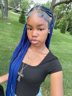 Blue Cornrows Braids For Black Women, Purple And Blue Hair Black Women, Blue Layered Braids, Neapolitan Hair Braids, Blue And Purple Braids, Blue And Blonde Braids, Blue Cornrows, Dark Blue Braids, Blue Braids For Black Women