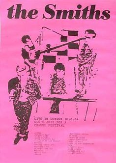 the smiths concert poster from london, england in pink paper with black and white graphics