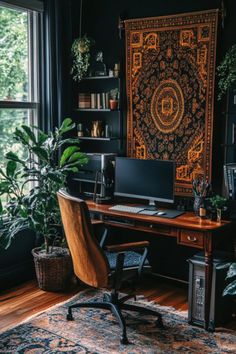 This Moody Office Ideas setup features a Dark Modern Office space with a dark tapestry as a bold accent, perfect for creating a cozy, Dark Home Office or a Dark Moody Small Home Office that elevates the ambiance of a Small Moody Office or Home Office Dark space. Black Office Space Design, Dark Boho Office, Black Walls Office, Moody Craft Room, Moody Office Ideas, Small Moody Office, Writer Office, Office Guestroom, Grand Office