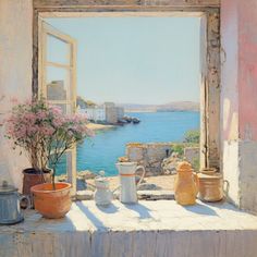 a painting of pots and pans on a window sill by the water with flowers in them