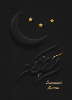 ramadan kareem written in arabic with gold stars and crescent on black background