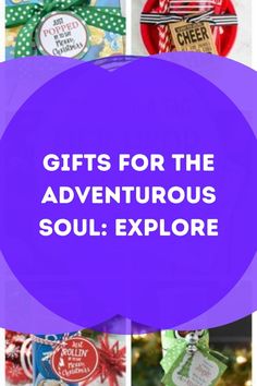 the words gifts for the adventurer soul explore in front of pictures of christmas trees and presents