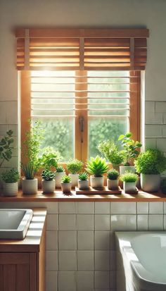 there are many potted plants on the window sill