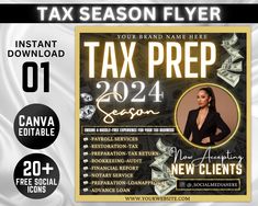 a flyer for a tax prep event with the image of a woman in a suit and money