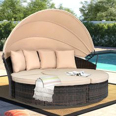 PRICES MAY VARY. 【Contemporary Comfortable Patio Set】The patio daybed comes with 4 semicircular cushions, 1 round center table Cushion and 4 decorative pillows. Rounded corners and rounded silhouettes enhance the modern style make it your best choice. 【Hand-Woven Wicker】 This outdoor daybed use all-weather PE rattan to bring a more comfortable experience. The manually treated wicker is actually more expensive than the bright, smooth wicker, which is sturdy but also light. Water-resistant woven w Round Patio Furniture, Back Patio Decor, Patio Hanging Chair, Outdoor Patio Daybed, Cozy Back Porch, Balcony Apartment, Table Cushion, Wicker Material, Poolside Decor