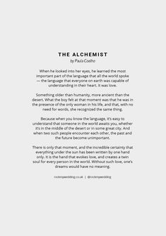 The Alchemist by Paula Coelho Wedding Reading Poem Wedding Reading, Romantic Readings For Wedding, Love Readings For Weddings, Fun Wedding Readings, Poems To Read At Weddings, Wedding Readings From Books, Wedding Readings From Movies, Love Poems For Wedding Ceremony Reading, Wedding Ceremony Poems