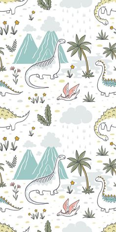 dinosaurs and palm trees on a white background