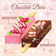 an ice cream bar with chocolate and strawberry toppings on the top, in front of a pink background