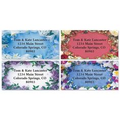 four business cards with flowers and leaves on them, each one has a different color scheme