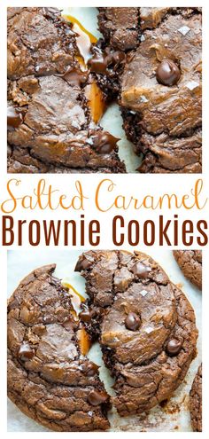 salted caramel brownie cookies with chocolate chips on top and in the middle