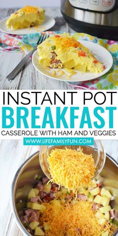 an instant pot breakfast casserole with ham and veggies in the crockpot