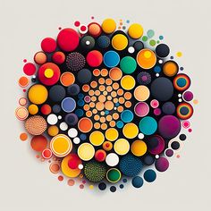 an abstract circular design made up of many different colored circles and dots on a white background