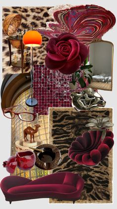 a collage of different types of furniture and decor in red, pink, gold, and black