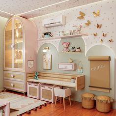 a child's room with pink furniture and gold accents on the walls, along with polka dot wallpaper