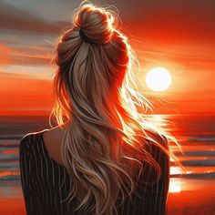 a painting of a woman's back facing the ocean with her hair in a ponytail