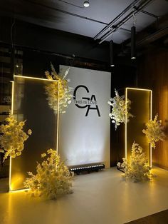 an image of a stage set up with flowers and lights on the floor for a presentation