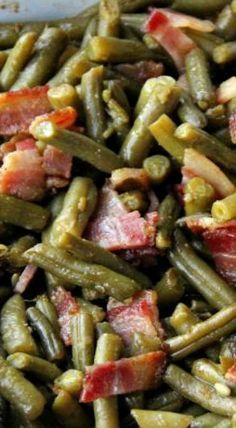 green beans and bacon are mixed together in a dish