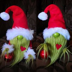 two christmas hats with green hair and red ornaments