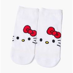 A Pair Of Knit Ankle Socks Featuring A Hello Kitty Graphic From The Sanrio Collection. New With Tags One Size 98% Polyester, 2% Spandex Officially Licensed Cute Red Socks, Cute White Stretch Socks, Cute Stretch White Socks, Cute Red Cotton Socks, Cute White Cat Design Socks, Playful White Cotton Socks, Playful White Socks, Hello Kitty Socks, Hello Kitty Car