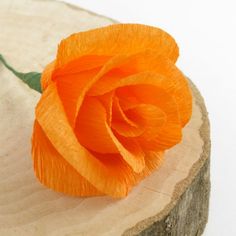 an orange rose sitting on top of a piece of wood