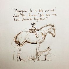 a drawing of a person riding on the back of a horse next to a dog