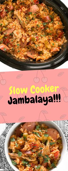 slow cooker jambaalaya recipe with the words slow cooker jambaala