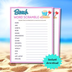 a beach word scramble game is shown with the words in pink and blue on it