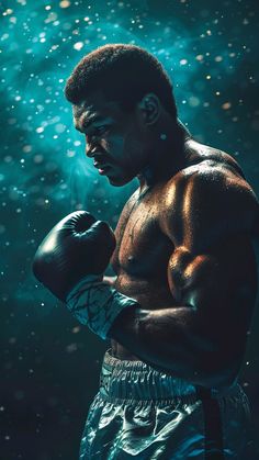 a man wearing boxing gloves standing in front of a green background with snow flakes