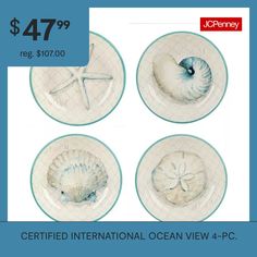 four plates with seashells on them for $ 47 99