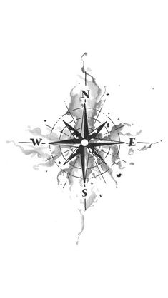 a black and white drawing of a compass on a white background with watercolor splashes