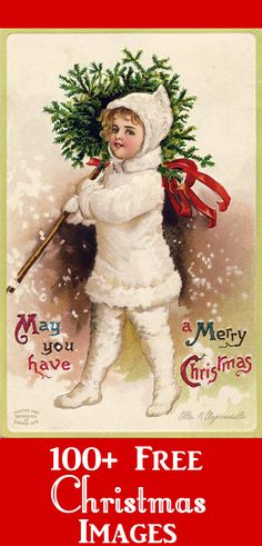 an old fashioned christmas card with a child holding a tree