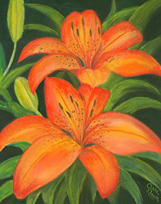 a painting of orange lilies with green leaves