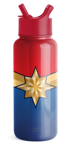 a red, white and blue water bottle with a gold star on the lid that says smm