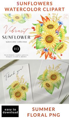 the sunflower watercolor clipart is shown in three different colors