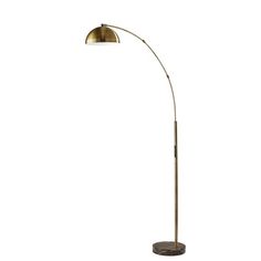 a floor lamp with a metal base and a light bulb on the top of it