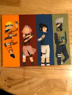 the four characters are painted on different colored paper sheets, and each has their own character