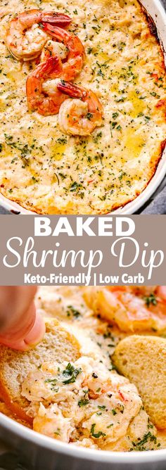 baked shrimp dip with tortilla chips in the foreground and text overlay reading baked shrimp dip keto - friendly low carb