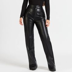 High Waisted Vegan Leather Trousers, Designed With A Longline Wide Leg, A Light Fleece Lining, Pin Tuck Front Seam Detailing And Hook And Zip Closure. Composition 100% Pu Additional Information These Trousers Have An Inseam Of 33” Formal High-waisted Leather Pants, Evening Wide Leg Leather Pants, Leather Trousers For Evening, High Waist Leather Bottoms For Evening, Wide Leg Leather Bottoms For Evening, High-waisted Formal Leather Pants, High-waist Leather Pants For Formal Occasions, Elegant Wide Leg Leather Pants For Night Out, High Waist Leather Pants For Formal Occasions