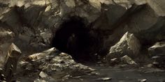 an artistic painting of a cave in the mountains