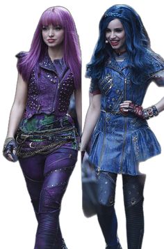 two women with purple hair are dressed in punk clothing and boots, one is wearing blue